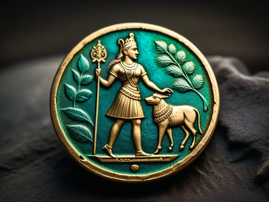 Moneda antigua detallada: arte y patina en oscuro terciopelo Detalles cautivadores de una antigua moneda en un fondo de terciopelo oscuro