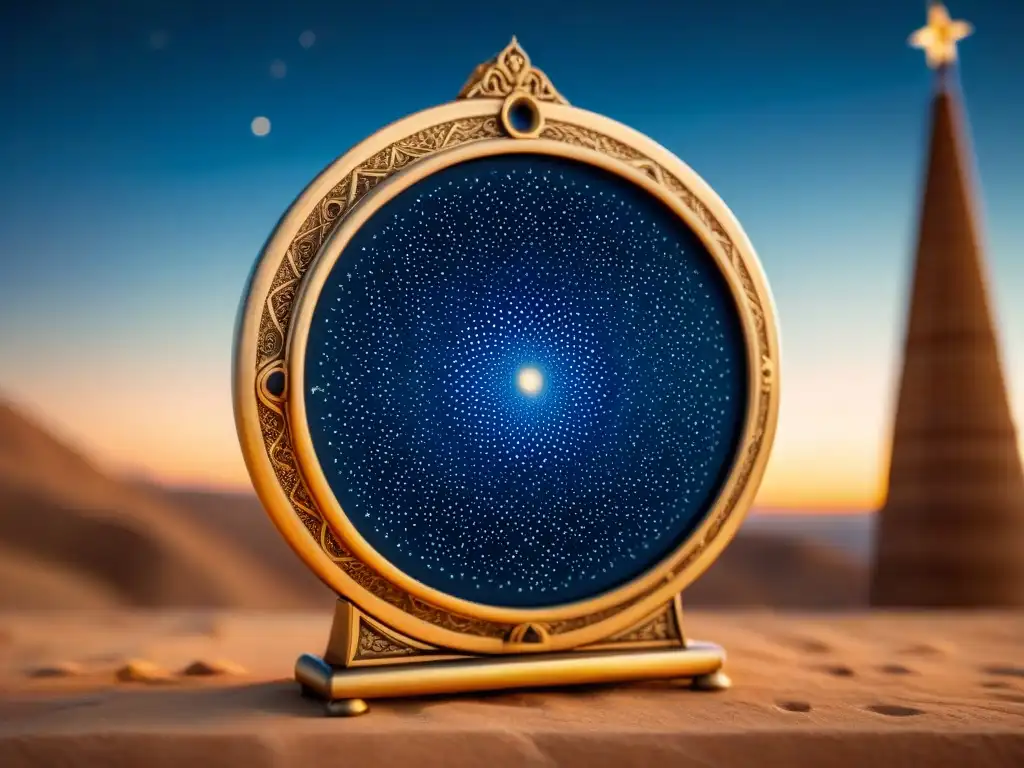 Detalles celestiales en antiguo instrumento persa, bajo un cielo estrellado