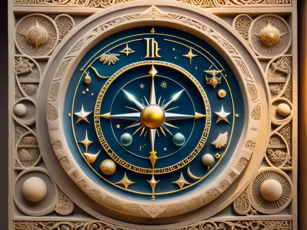 Detalles celestiales del calendario astronómico persa, mostrando símbolos y cuerpos celestes con precisión
