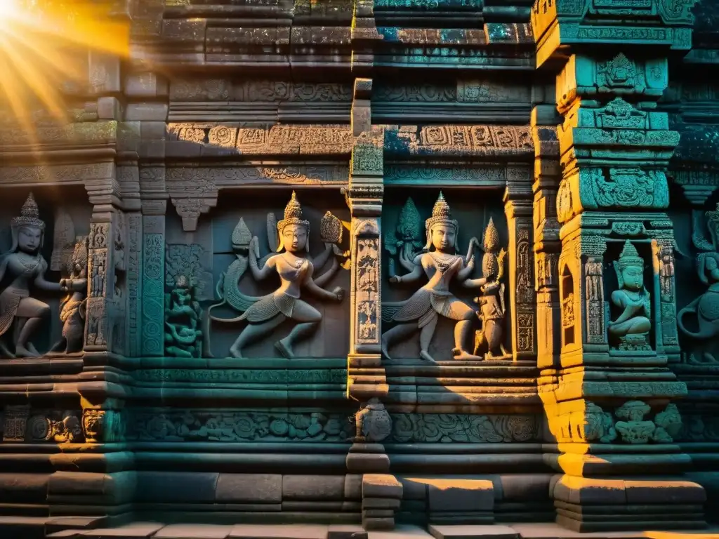 Detalles celestiales y criaturas míticas en Angkor Wat, con sombras dramáticas