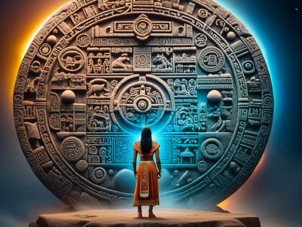 Detalles celestiales en la piedra del calendario maya, representaciones del Universo en Artefactos Antiguos