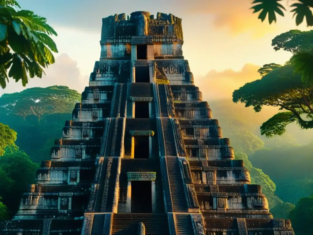 Detalles celestiales en templo Maya de Tikal, misterios cósmicos iluminados por el atardecer