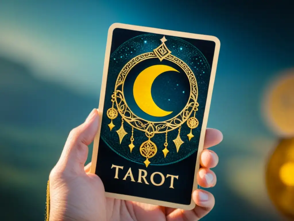 Detalles dorados y misteriosa figura en carta tarot, significado símbolos ancestrales cartas