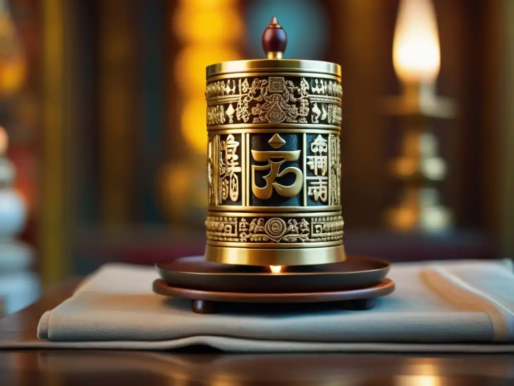 Detalles dorados de una rueda de oración budista tibetana, iluminada por velas en un templo sereno