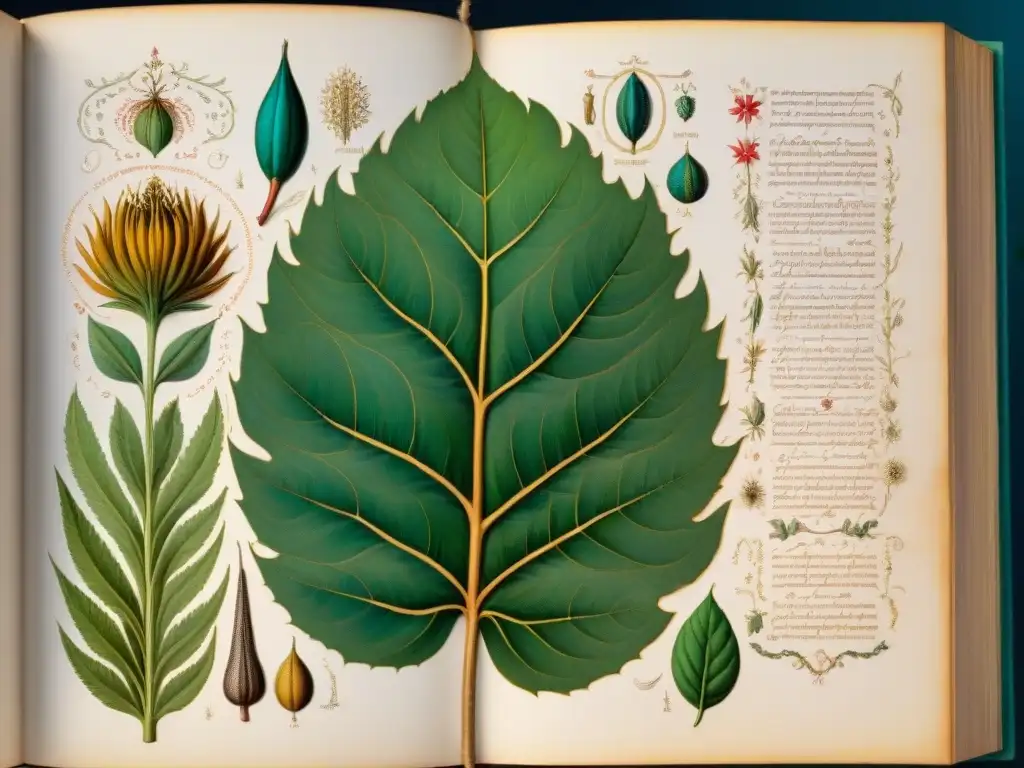 Detalles enigmáticos del Manuscrito Voynich: Intrincadas ilustraciones botánicas y texto críptico en antiguo pergamino