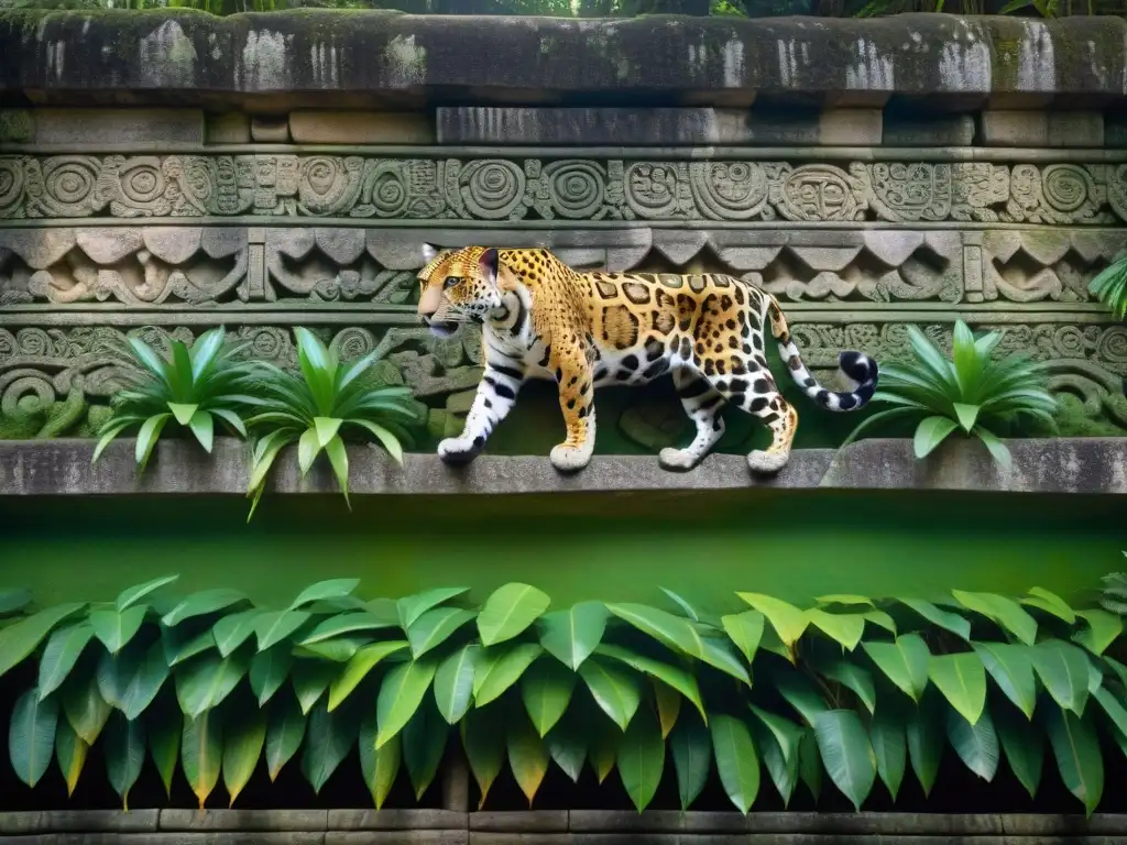 Detalles de esculturas del dios jaguar en los Templos del Jaguar en Maya, rodeados de exuberante selva