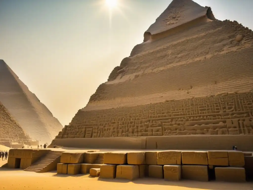 Detalles fascinantes de los jeroglíficos en la Gran Pirámide de Giza, iluminados por rayos de sol