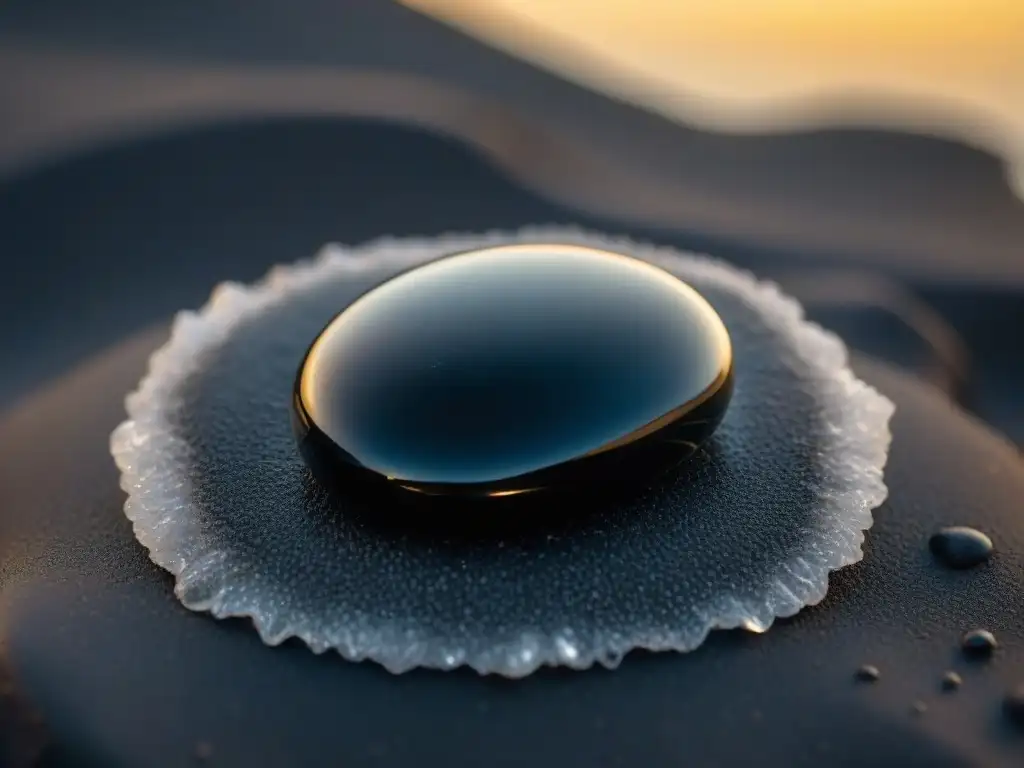 Detalles fascinantes de la piedra ónix negro sobre arena brillante, reflejando luz sutil