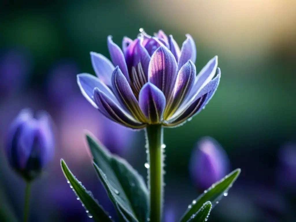 Detalles de una flor de lavanda con rocío matutino, conectando mente y espíritu con aromaterapia