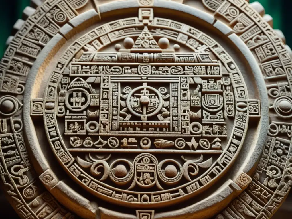 Detalles impresionantes de un antiguo calendario maya tallado en piedra, influencia en el mundo moderno