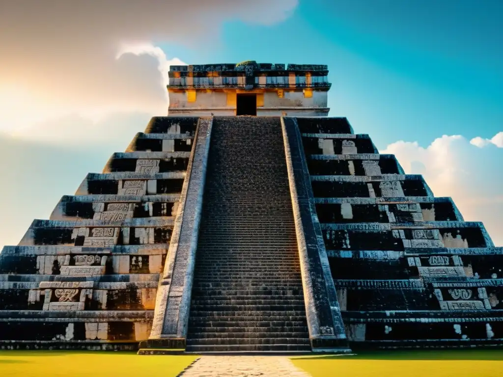 Detalles impresionantes de la historia de Chichén Itzá maya, tallados en el Templo de Kukulcán, iluminados por el sol