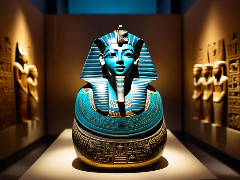 Detalles impresionantes de un sarcófago egipcio iluminado en exposiciones de museos civilizaciones antiguas