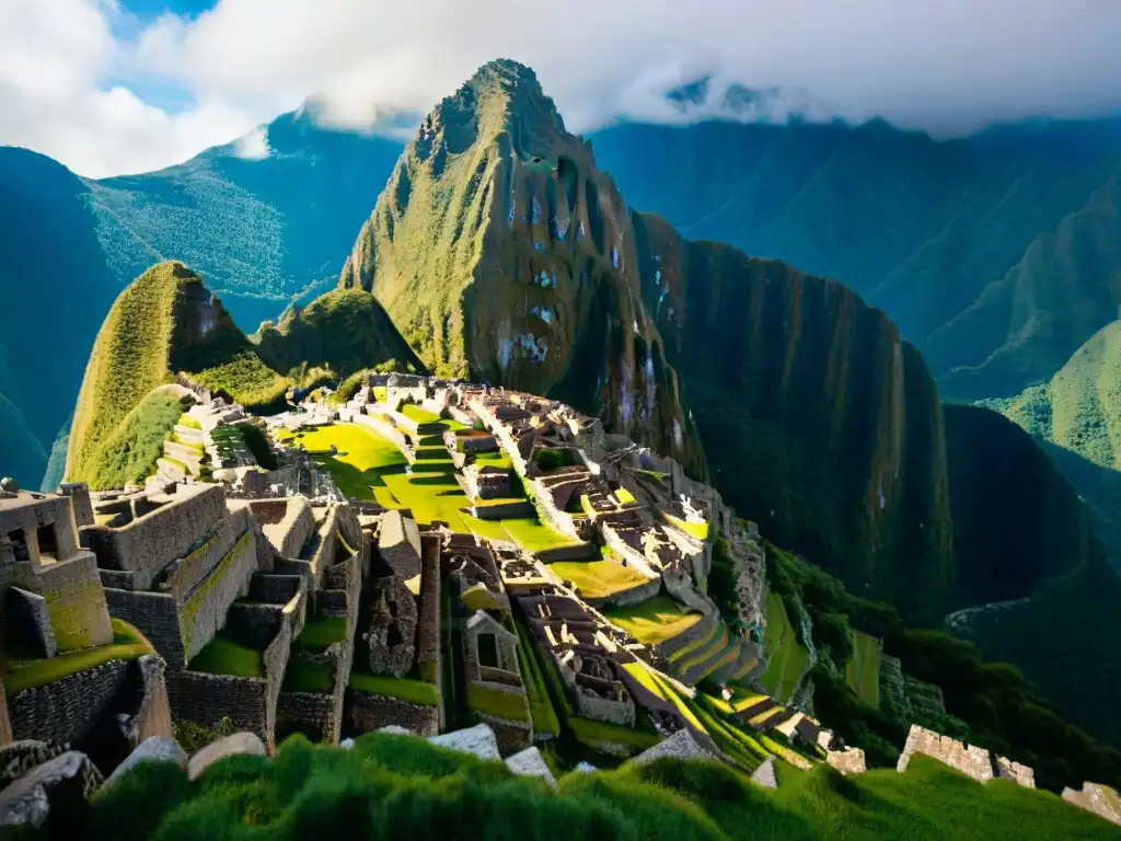 Detalles de la ingeniería inca y misticismo en Machu Picchu, con sombras de luz solar en las antiguas piedras y montañas andinas al fondo