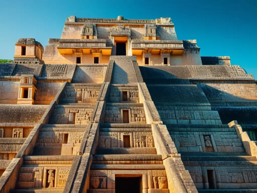 Detalles de las intrincadas esculturas de piedra en el Palacio del Gobernador en Uxmal, ciudad de magos, leyendas y realidad maya