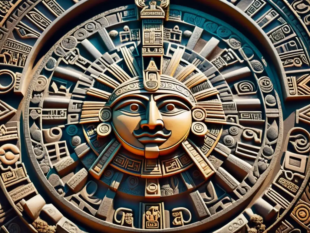 Detalles intrincados del Calendario Azteca, mostrando el sol, figuras mitológicas y símbolos, reflejando su significado y simbología