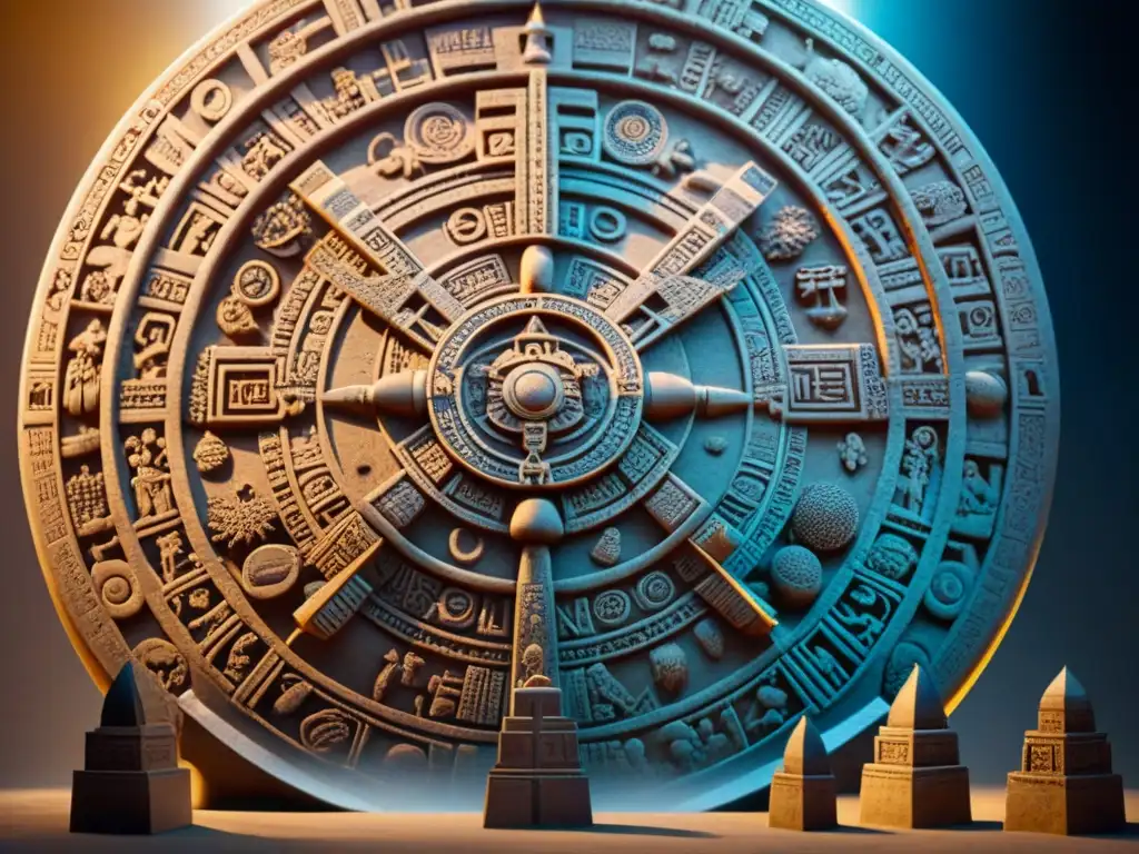 Detalles intrincados del calendario maya con precisión astronómica, iluminados por luz natural