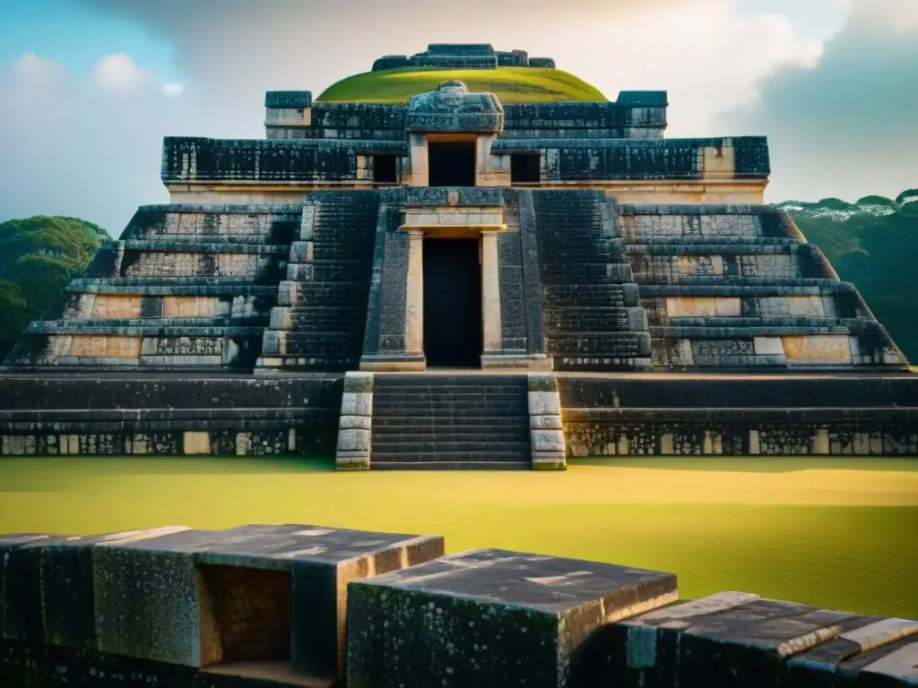 Detalles intrincados en las paredes del Observatorio Celestial Maya Chichén Itzá, reflejando la pericia maya