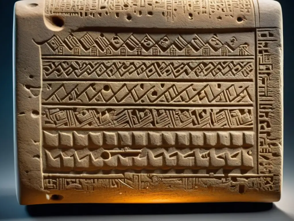 Detalles intrincados de una tablilla cuneiforme de Mesopotamia, resaltando la complejidad y arte de la antigua escritura