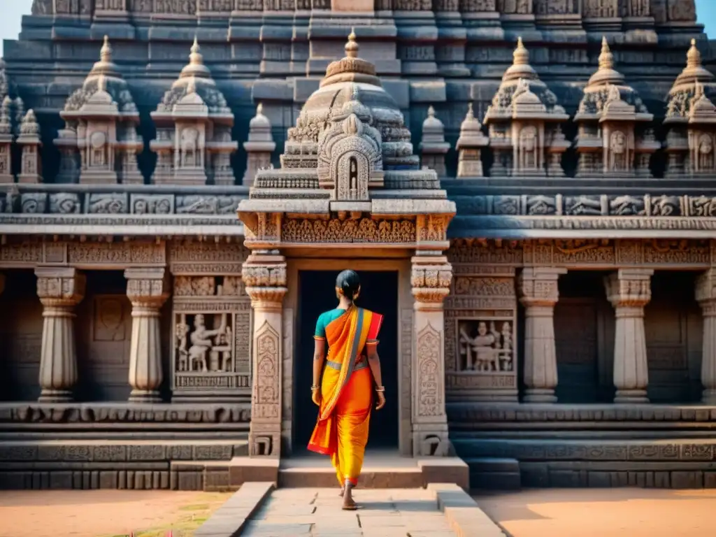 Detalles del majestuoso Templo del Sol de Konark en India, con colores vibrantes y arquitectura antigua