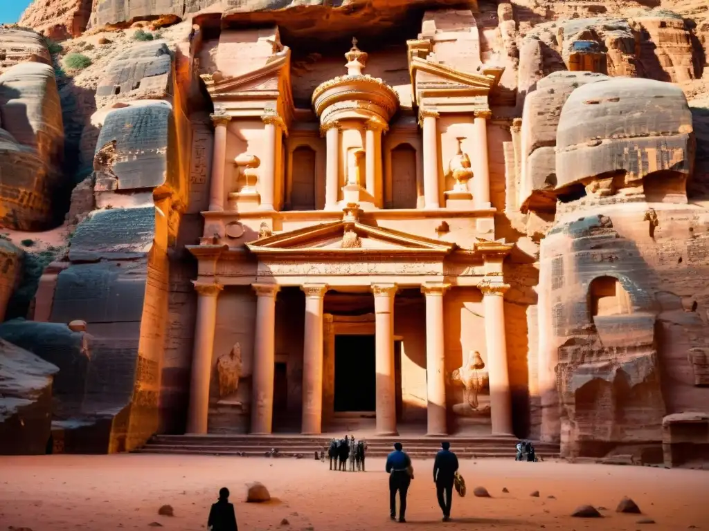 Detalles majestuosos del Tesoro en Petra, Jordania, iluminados por la cálida luz dorada del atardecer