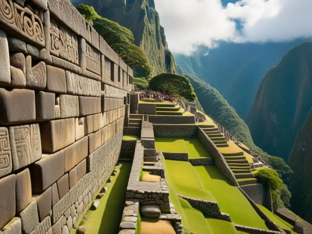 Detalles milenarios de una pared Inca en Machu Picchu, resaltando el arte y la precisión de la arquitectura Inca