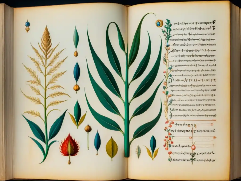 Detalles misteriosos del Código Voynich en ilustraciones botánicas y texto antiguo en pergamino envejecido bajo luz natural suave