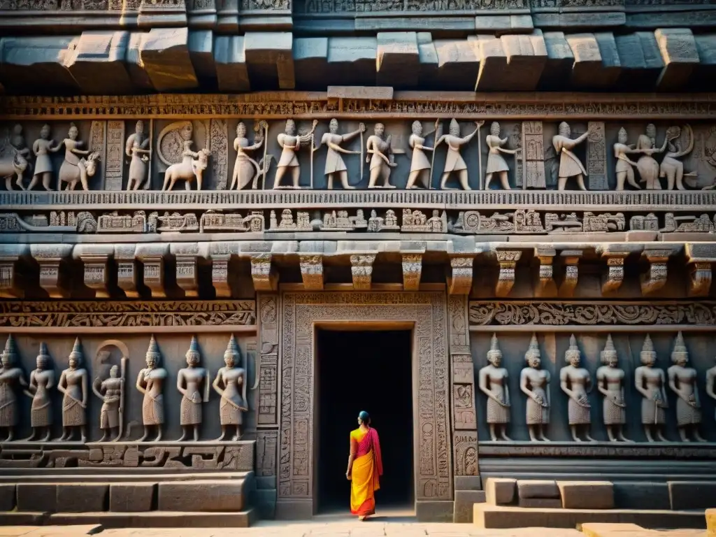 Detalles misteriosos en las esculturas de templo antiguo en Ellora Caves, India