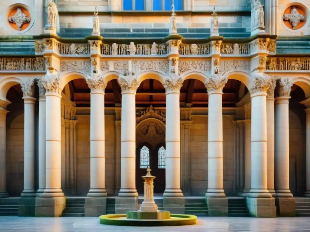 Detalles místicos en las esculturas de piedra del Portico de la Gloria en la Catedral de Santiago de Compostela, iluminadas por luz natural, transmitiendo emociones y expresiones faciales vívidas, en un ambiente histórico que evoca los misterios del El Camino de Santiago