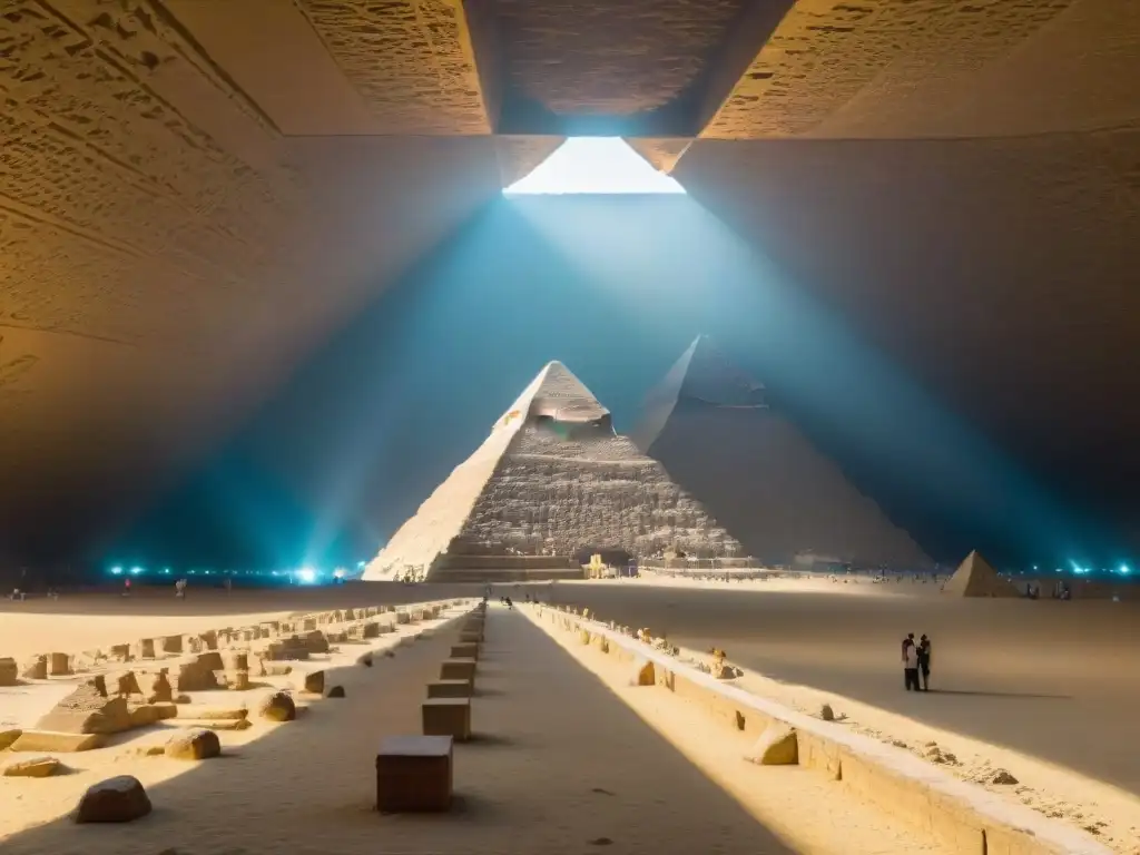 Detalles místicos de la Gran Pirámide de Giza: pasadizos y cámaras iluminadas, evocando su dualidad como tumba y portal celestial