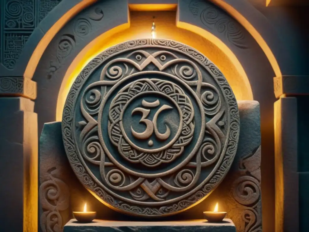 Escultura ancestral: espiral mística entre runas en templo misterioso Detalles místicos y sabiduría ancestral en talla de piedra con espíral rodeada de elementos mágicos en templo iluminado