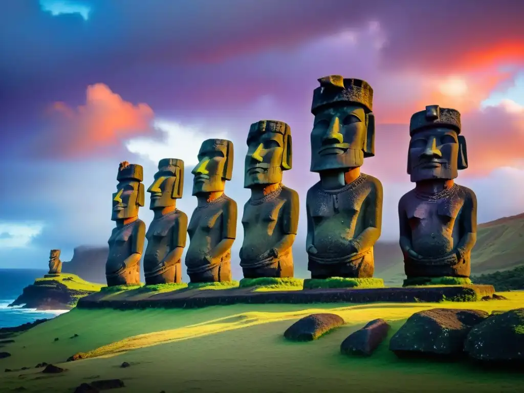 Detalles de Moai al amanecer en Rapa Nui, con misterios ancestrales en cada talla de piedra bajo un cielo vibrante