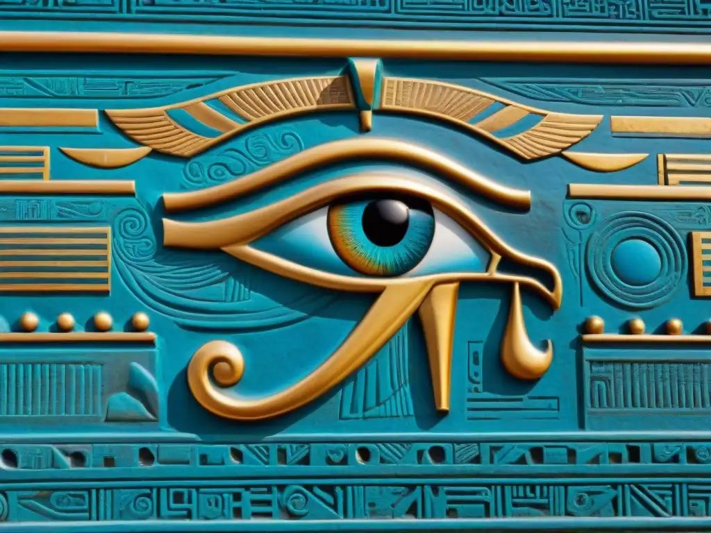 Detalles del Ojo de Horus tallado en un relieve antiguo egipcio, con colores vibrantes