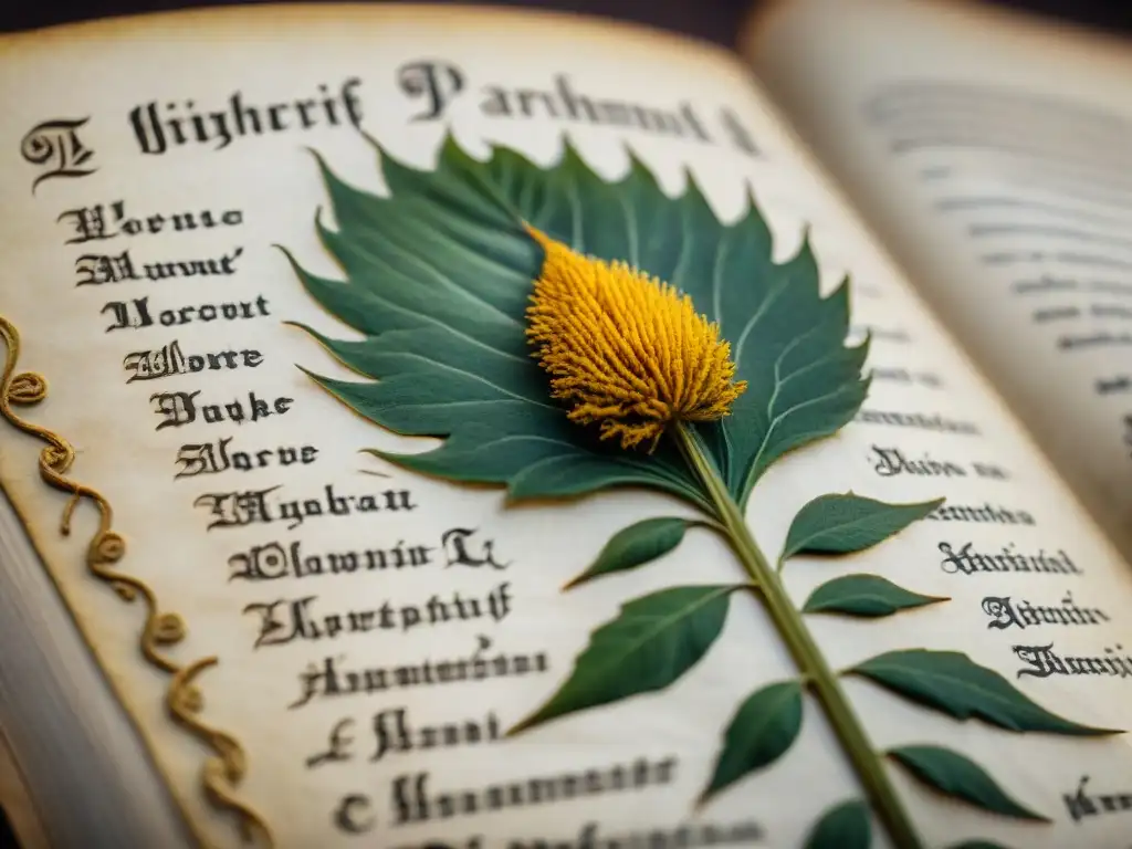 Detalles de un pergamino antiguo amarillento con ilustraciones misteriosas de plantas y símbolos, como el enigmático Manuscrito Voynich