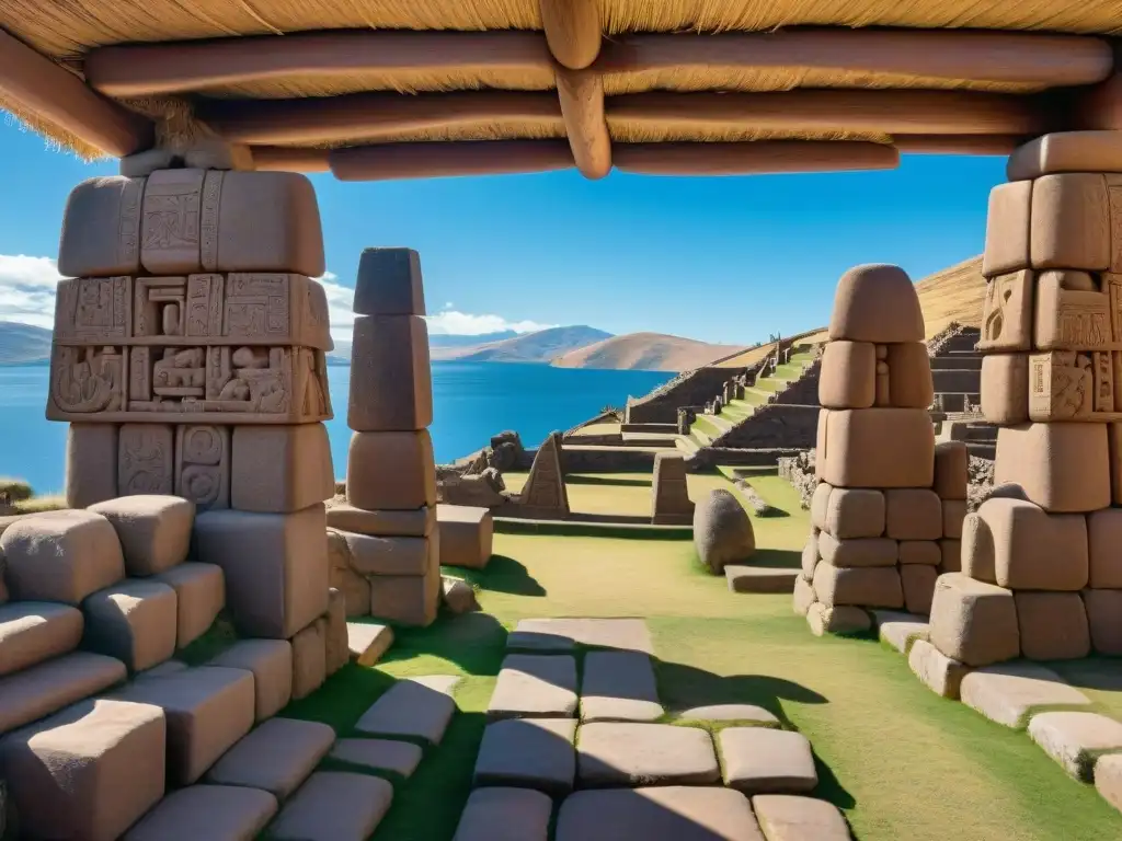 Detalles en piedra y misterios de Tiahuanaco en Titicaca, bajo un cielo azul y el lago de fondo