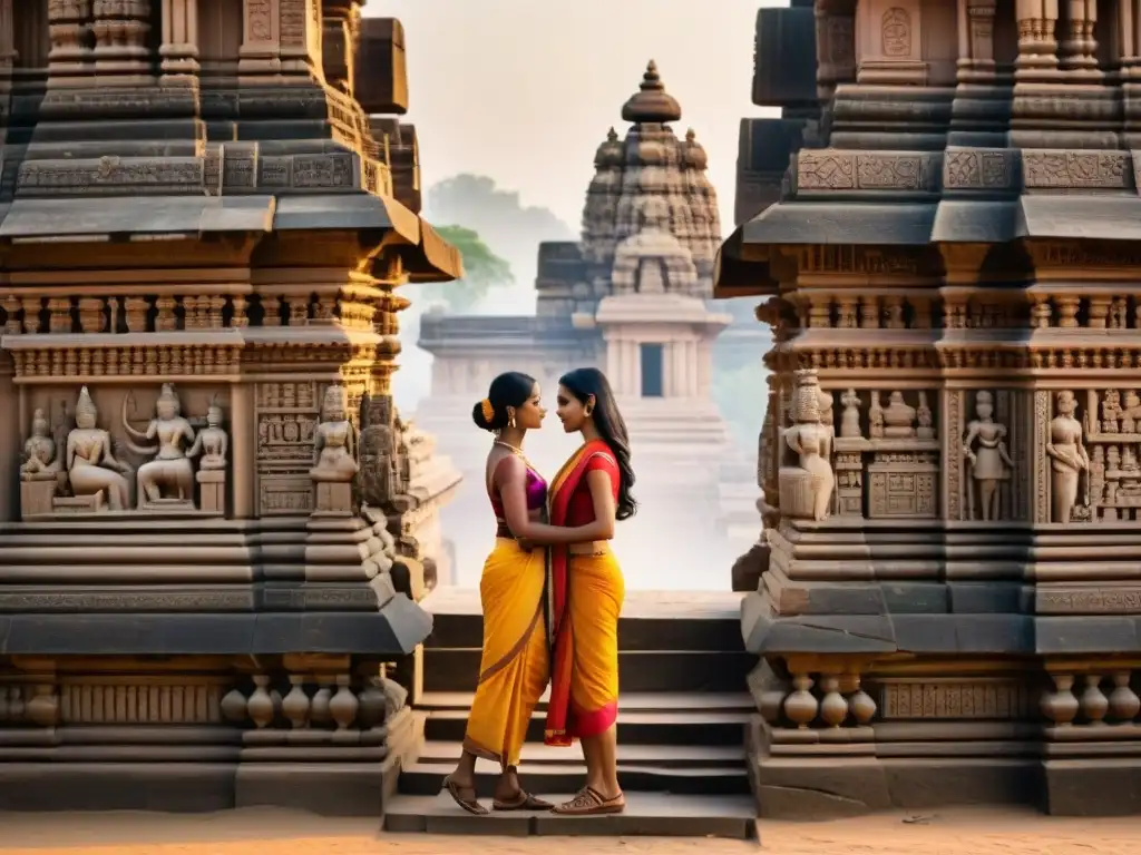 Detalles en piedra de parejas sensuales en templos de Khajuraho, India