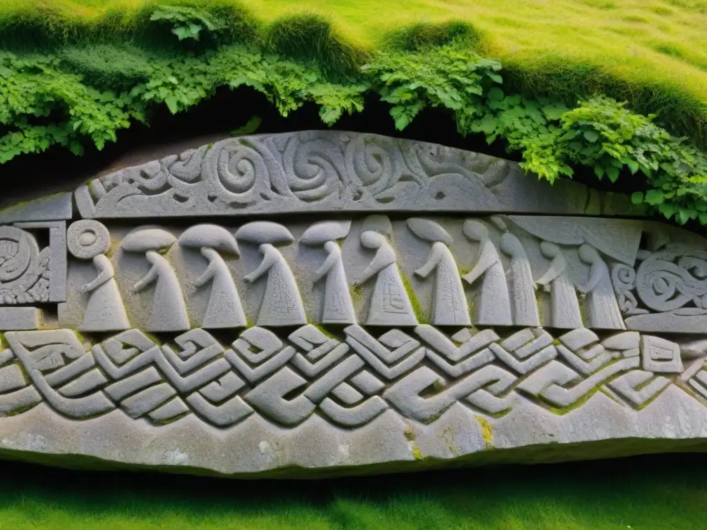 Detalles de piedra y patrones en la entrada del Templo solar antiguo en Irlanda, iluminados por la luz solar