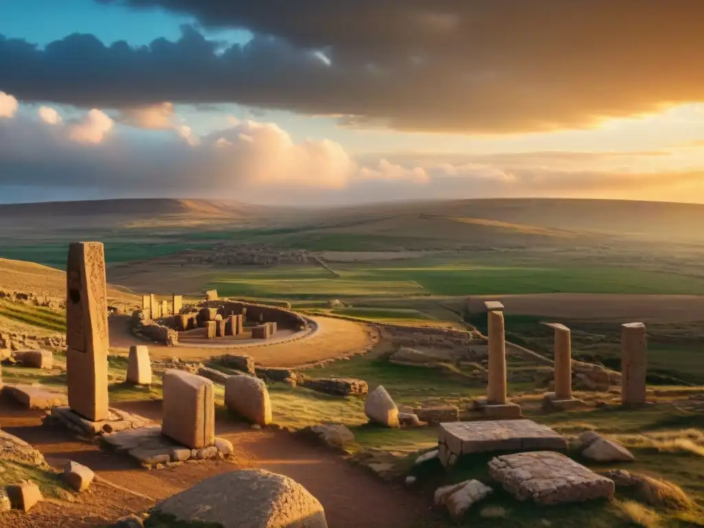 Detalles y pilares de Göbekli Tepe iluminados por el sol, entre nubes