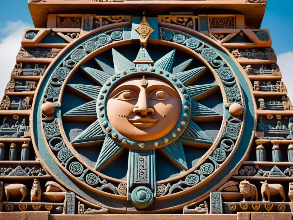 Detalles del Portal estelar Puerta del Sol en Tiahuanaco, con símbolos celestiales y figura del dios sol