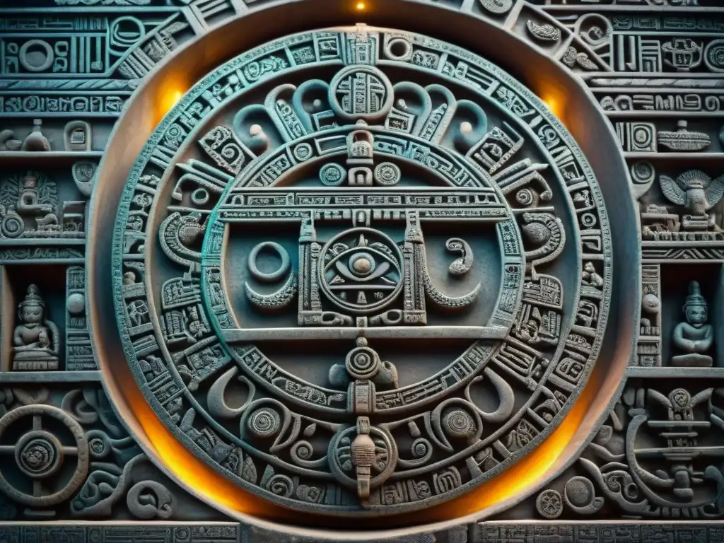 Detalles precisos y glyphs en calendario maya antiguo