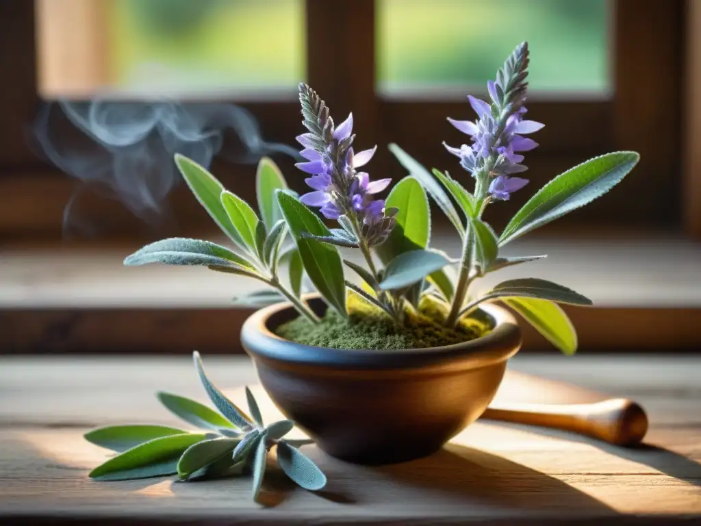 Detalles de una rama de salvia fresca con flores moradas, en un mortero de madera antiguo