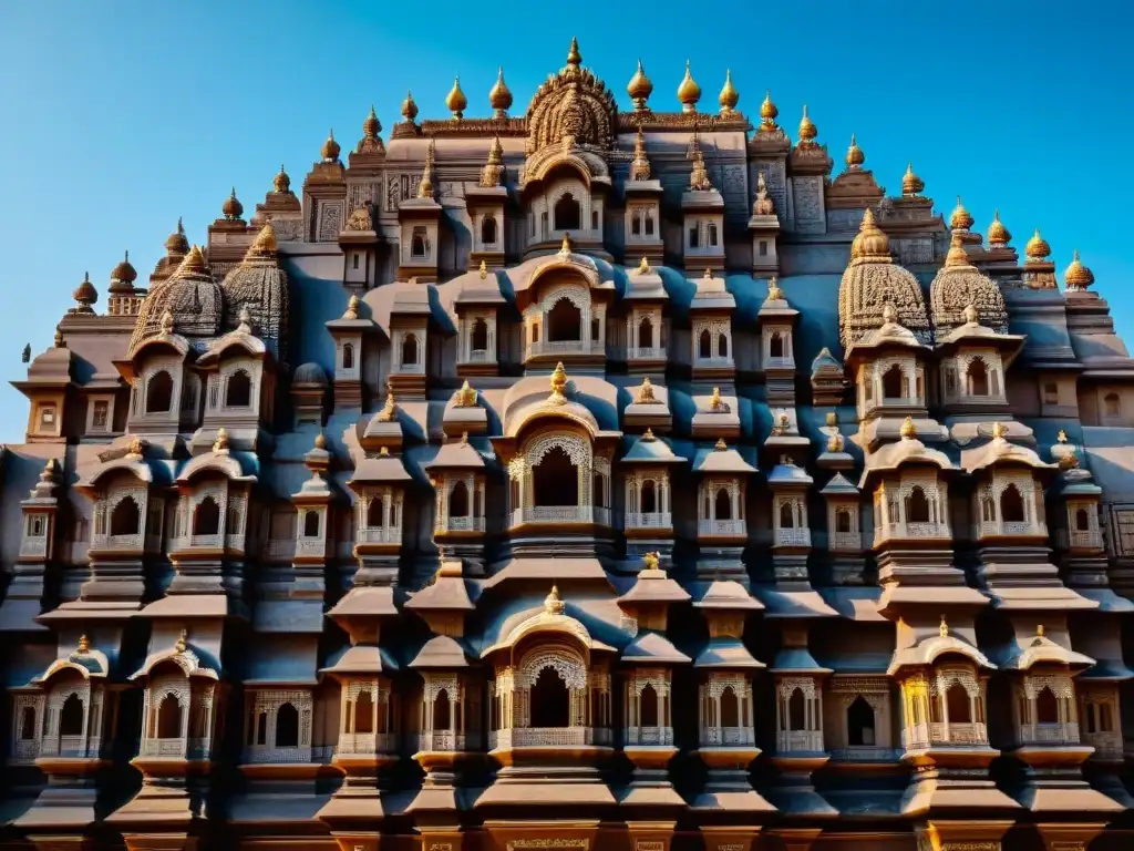 Detalles tallados de dioses y criaturas en un templo de India antigua bajo el sol, resaltando la artesanía