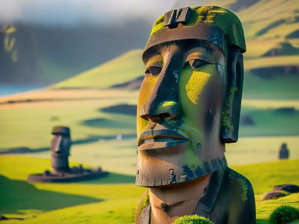 Detalles tallados de un Moai al amanecer en Isla de Pascua, resaltando el origen y significado de Moai