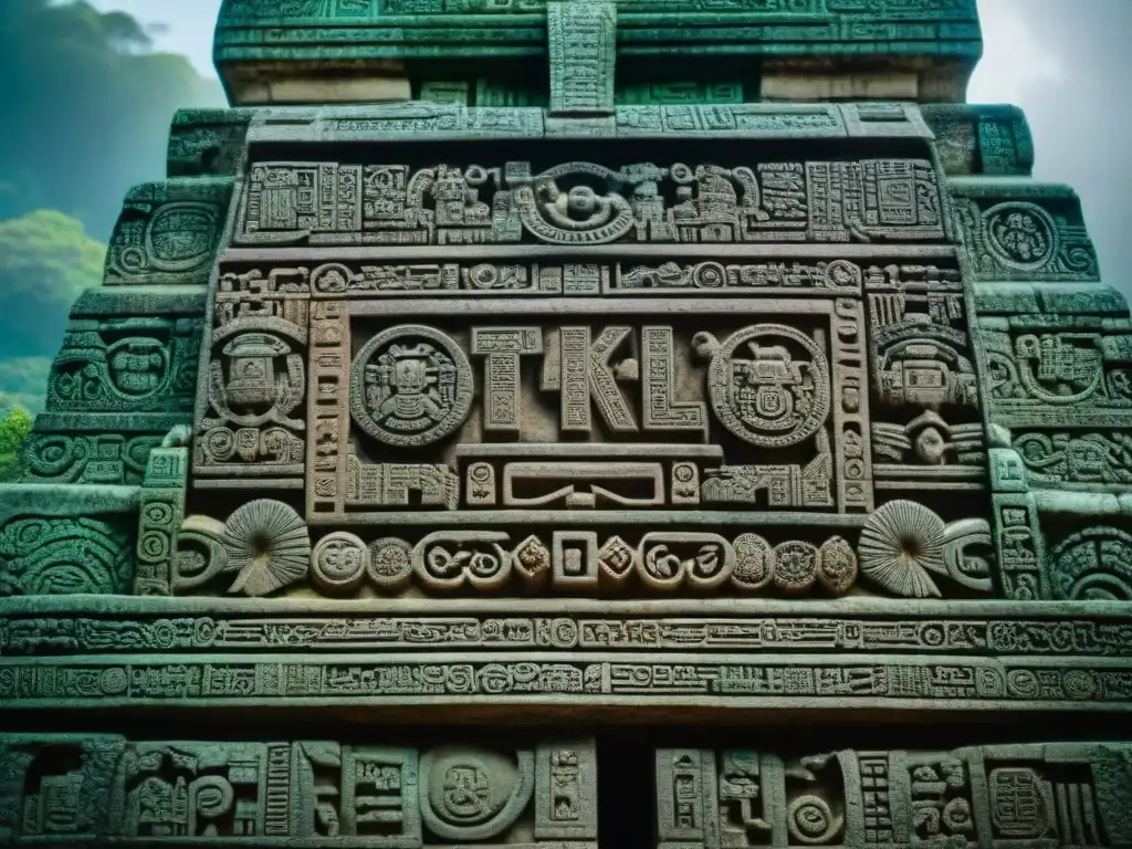 Detalles tallados en piedra del calendario Tzolk'in en ruinas mayas, reflejando la astrología maya