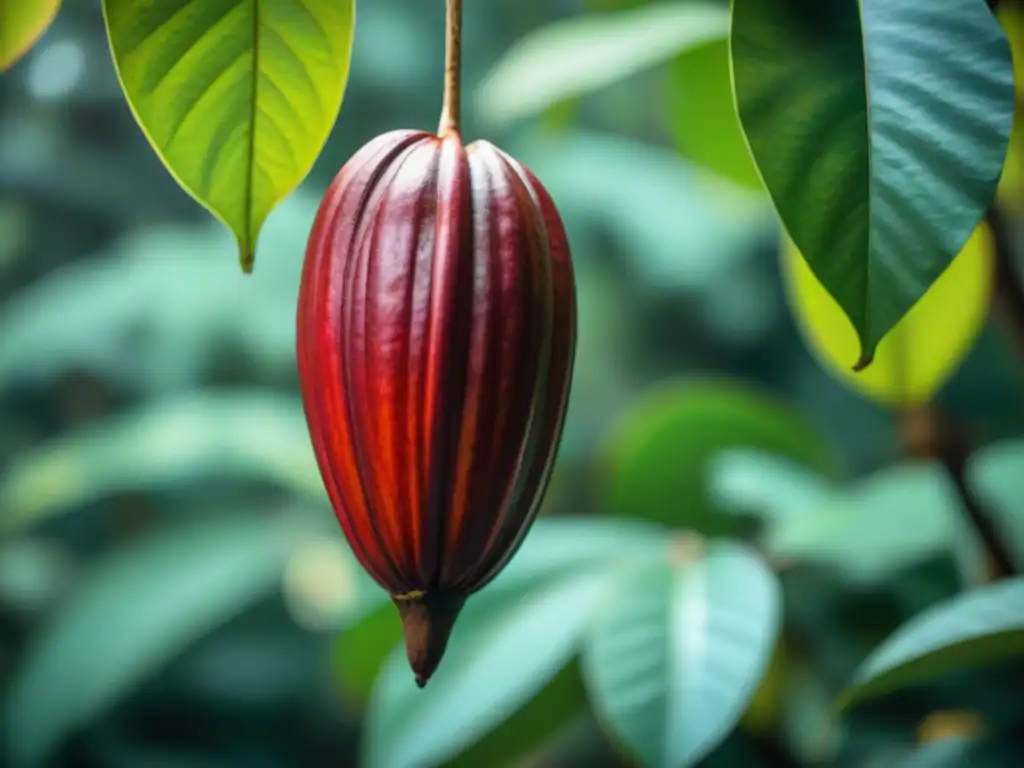 Detalles de un vibrante cacao rojo en una plantación tropical exuberante