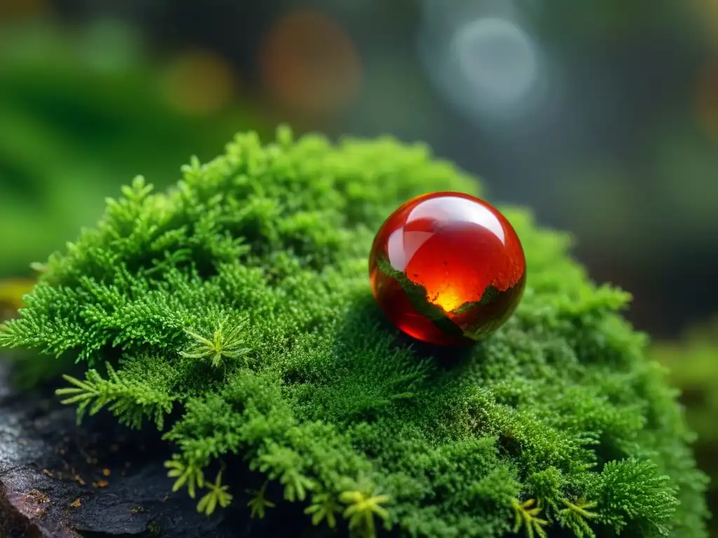 Detalles vibrantes de un cristal de jaspe rojo sobre musgo verde, iluminado por la luz del sol