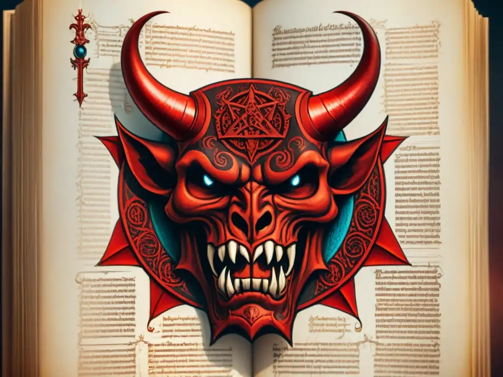 Detalles vibrantes del Diablo en el Codex Gigas, con tonos rojos intensos y patrones medievales