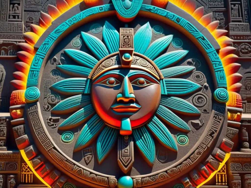 Detalles vibrantes de la Piedra del Sol Azteca significado, mostrando intrincados grabados y símbolos que representan la cosmología azteca