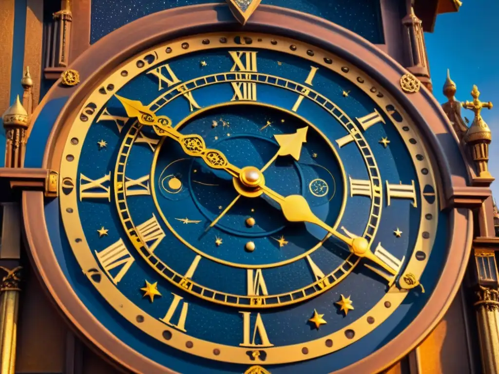 Detalles zodiacales en un antiguo reloj astronómico, simbolizando el significado zodiaco en calendarios