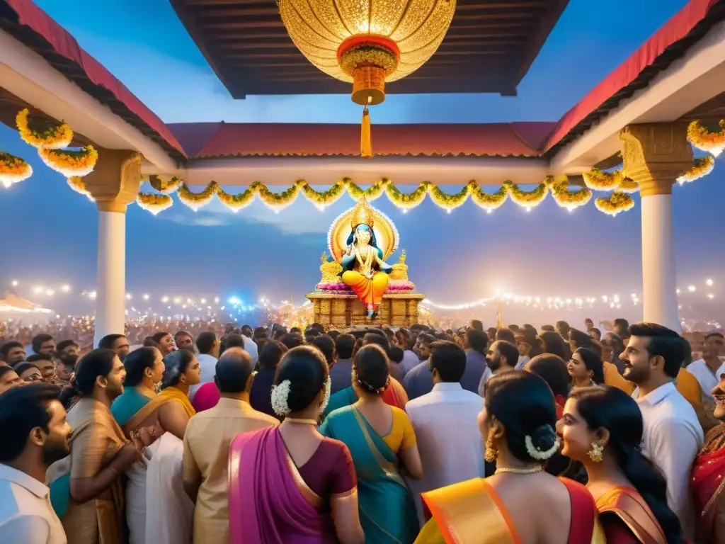 Celebración de Janmashtami: Devotos bailando con alegría en un templo decorado, iluminado por luces coloridas