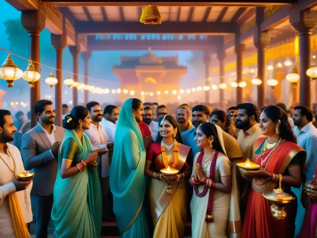 Devotos celebran Janmashtami en un templo decorado con colores vibrantes y lámparas encendidas, transmitiendo devoción y alegría